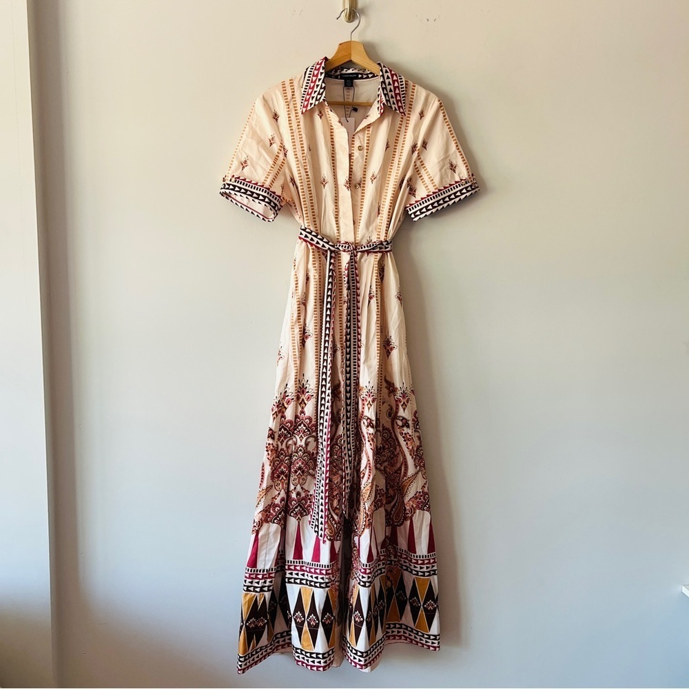 Karen Millen Belted Paisley Print Midi Shirt Dress Cotton Sateen Size 8 New - Picture 2 of 7
